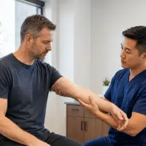 A healthcare professional checks a patient’s arm movement and strength during an examination for worsening symptoms and pinched nerve relief.