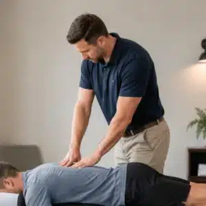 A chiropractor near me performs a hands-on back adjustment for a patient lying face down on a treatment table