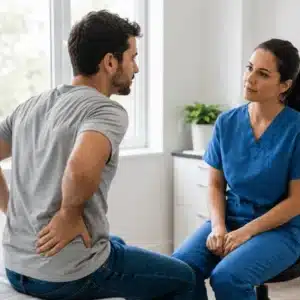 A patient discusses lower back pain with a healthcare professional during a clinic consultation