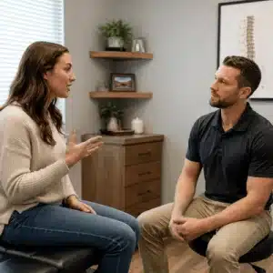 A patient discusses her concerns with a chiropractor in a treatment room, demonstrating how to choose a chiropractor who communicates clearly and answers questions before care begins