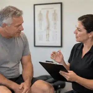 A chiropractor reviews care options with an older patient during a consultation about treatment and how much does a chiropractor cost
