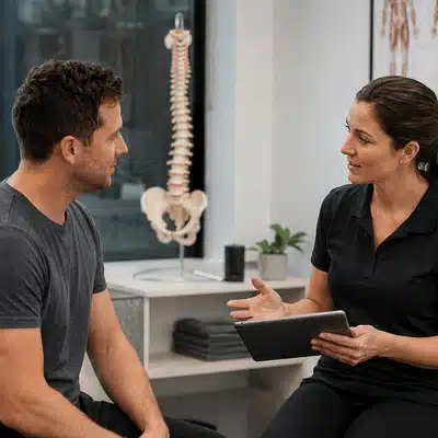 A chiropractor explains care options to a patient during a consultation about sciatica treatment near me in a clinic