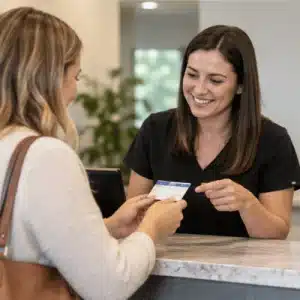 A patient presents an insurance card to clinic staff while asking about coverage and how much does a chiropractor cost with insurance