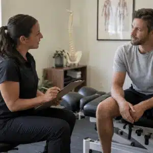 A female chiropractor holds a clipboard while speaking with a male patient seated on an adjustment table in a photo accompanying the topic “how much does a chiropractor cost.”