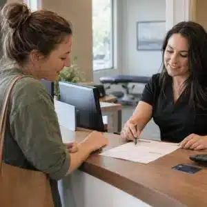 A receptionist points to paperwork while assisting a female patient at a clinic counter in a photo illustrating the question, “how much does a chiropractor cost?”