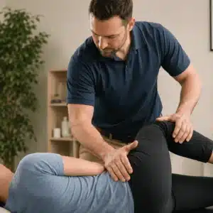 A sciatic nerve pain specialist gently assesses a patient’s hip and lower back movement during chiropractic care in a clinic setting