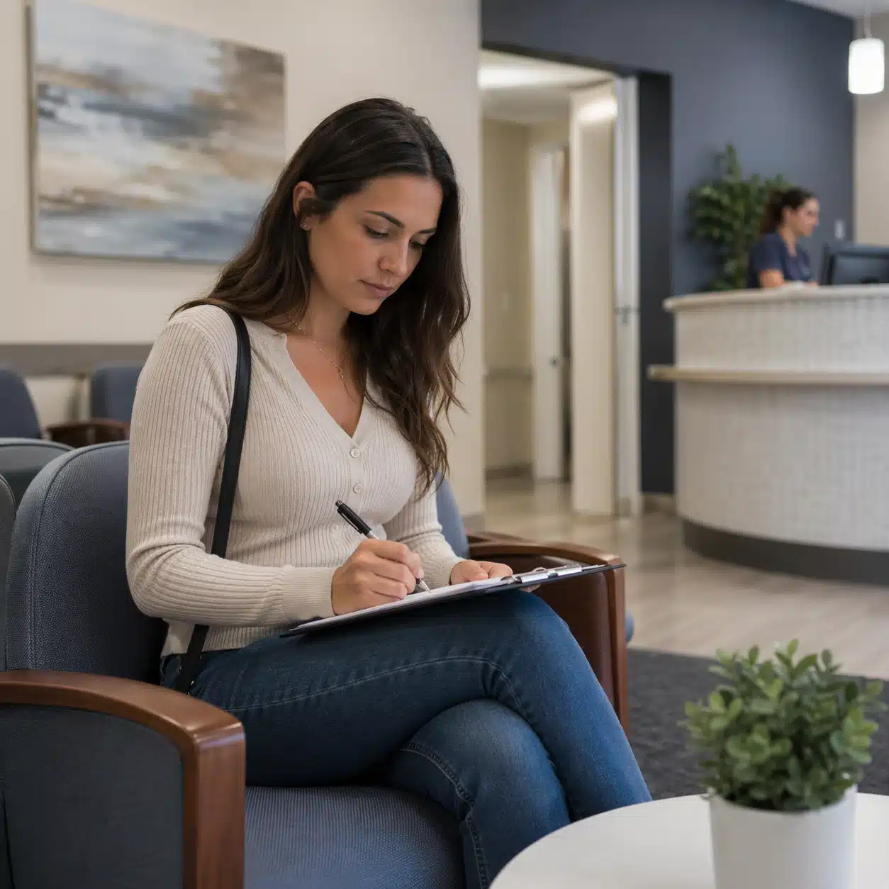 A woman sits in a clinic waiting room and fills out paperwork on a clipboard before her appointment.