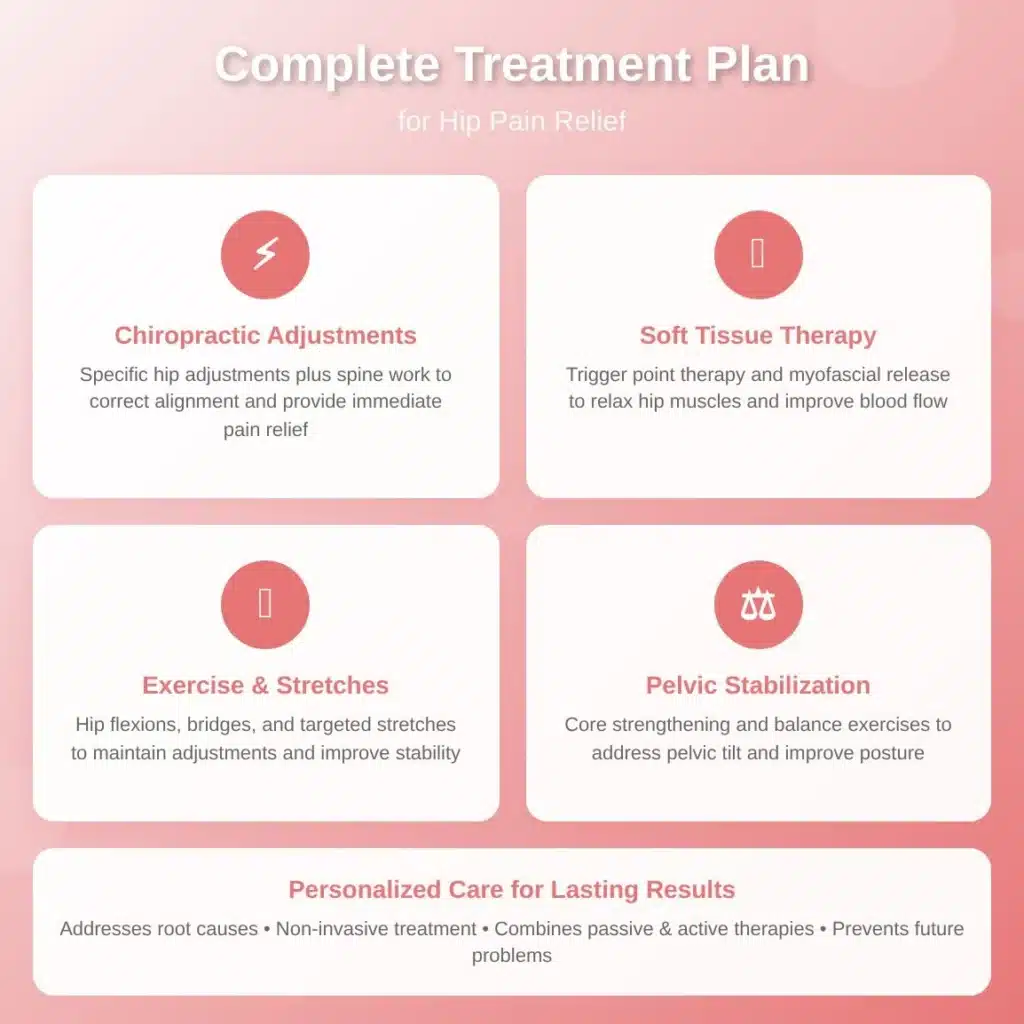 Infographic outlining chiropractor hip adjustment, soft tissue therapy, exercises, pelvic stabilization, and personalized care options