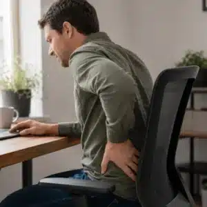 A man sitting at a desk holds his lower back pain area while leaning forward in discomfort