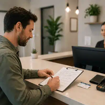 A patient reviews and completes paperwork with insurance card nearby at the reception counter during a chiropractor appointment in a professional setting.