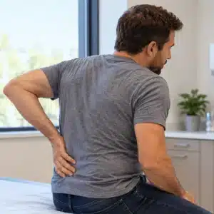 A man sits on a medical examination table while holding his lower back in discomfort, highlighting why patients may ask how often should you go to the chiropractor for back pain relief