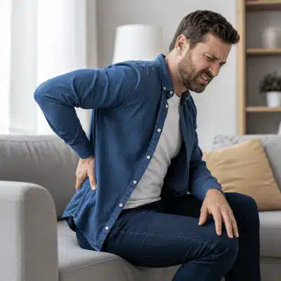 A man sits on a couch holding his lower back while thinking about sciatica treatment near me for leg pain