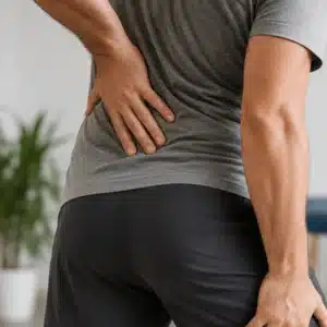 A realistic close-up image shows a person holding his lower back and upper leg, suggesting pain that may need a sciatic nerve pain specialist