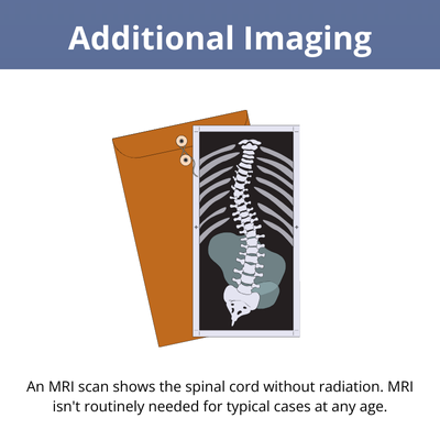 Infographic shows MRI spine scan and envelope, explaining radiation-free imaging considerations for scoliosis cases appropriately