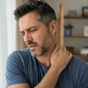 A man holds the side of his neck with a concerned expression while experiencing discomfort that may lead him to seek pinched nerve relief