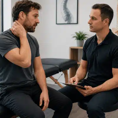 A patient discusses neck pain treatment options with a chiropractor while touching his sore neck.