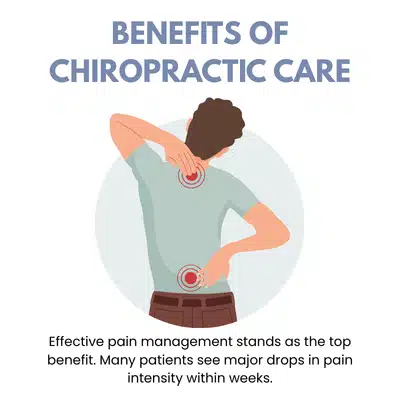 Illustration of person touching back and neck pain points, showing preparation and surface pain relief work