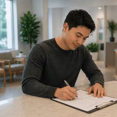 A patient calmly fills out intake forms on a clipboard at the front desk during a chiropractor appointment in a modern clinic.