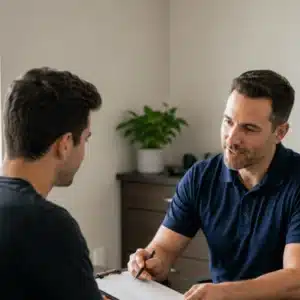 A chiropractor near me reviews a clipboard while explaining a treatment plan to a male patient