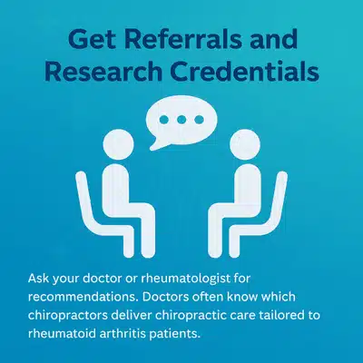 Graphic of two people discussing care, encouraging referrals to a chiropractor for rheumatoid arthritis patients