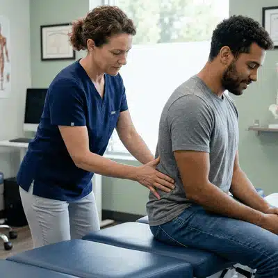 degenerative disc disease treatment provider evaluates seated patient’s lower back during in-clinic therapy session