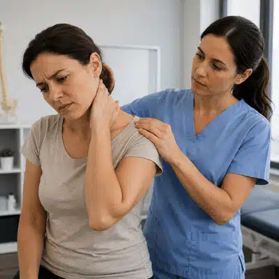 A clinician supports a patient during neck pain treatment while the patient holds her painful neck.