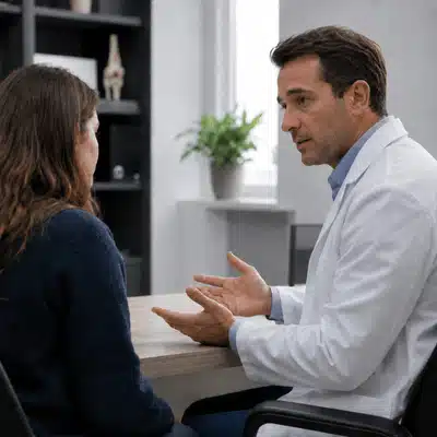 A doctor speaks with a patient during a clinic consultation about scoliosis pain relief options