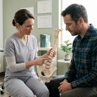 degenerative disc disease treatment consultation image showing clinician explaining spine model to seated patient carefully