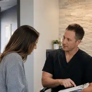 A chiropractor reviews information on a clipboard with a patient, showing how to choose a chiropractor who clearly explains examination findings and treatment recommendations